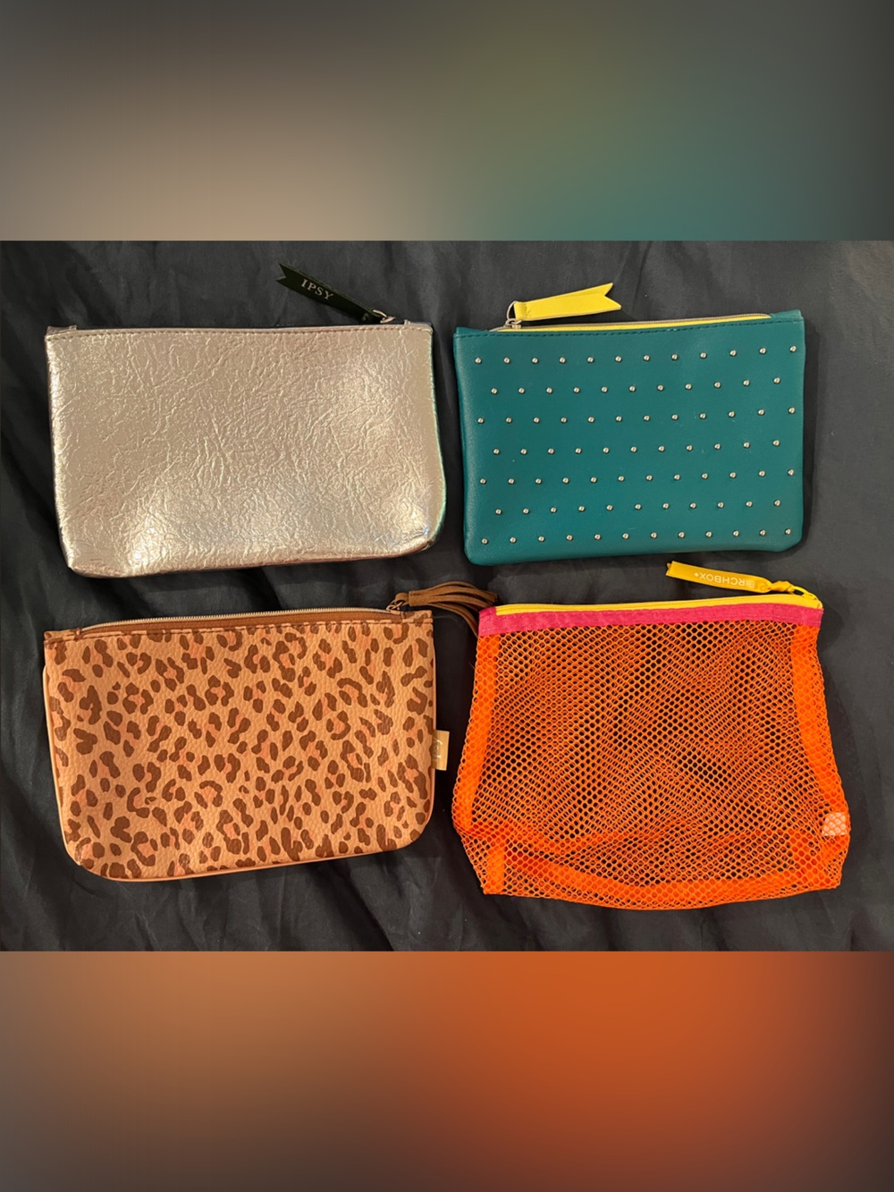 Lot of 4 Cosmetic Bags Like New: Teal, Silver, Leopard, Orange (Birchbox)